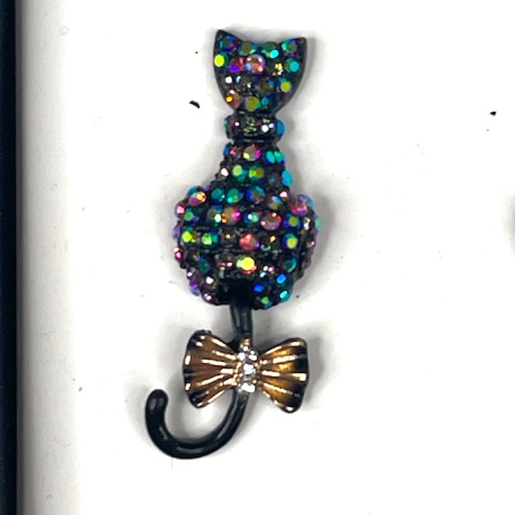 Betsey Johnson Black Cat Rhinestone Earrings Black Gold Tone - Picture 4 of 6